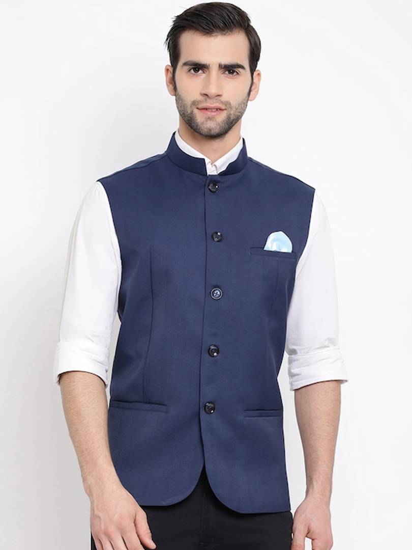 Men's Navy Blue
Cotton Blend
Solid
Nehru Jackets